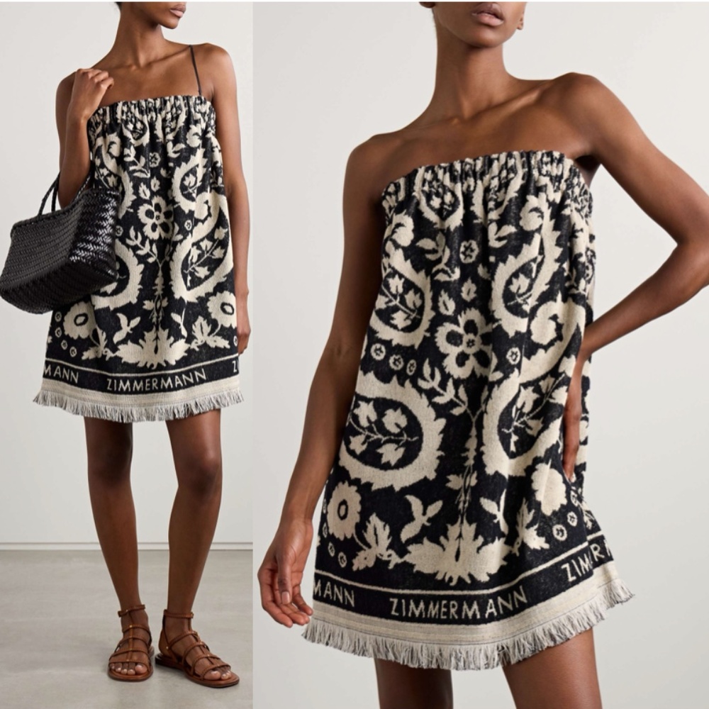 Zimmermann Rhiannon Fringed Terry Cloth Mini Dress Black Cream US 10 AU 3 NWT - Picture 4 of 17